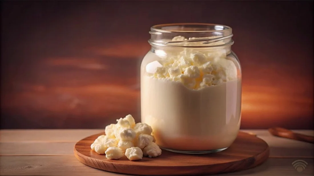 Granos o nódulos de búlgaros de leche en un recipiente, listos para ser cultivados.
