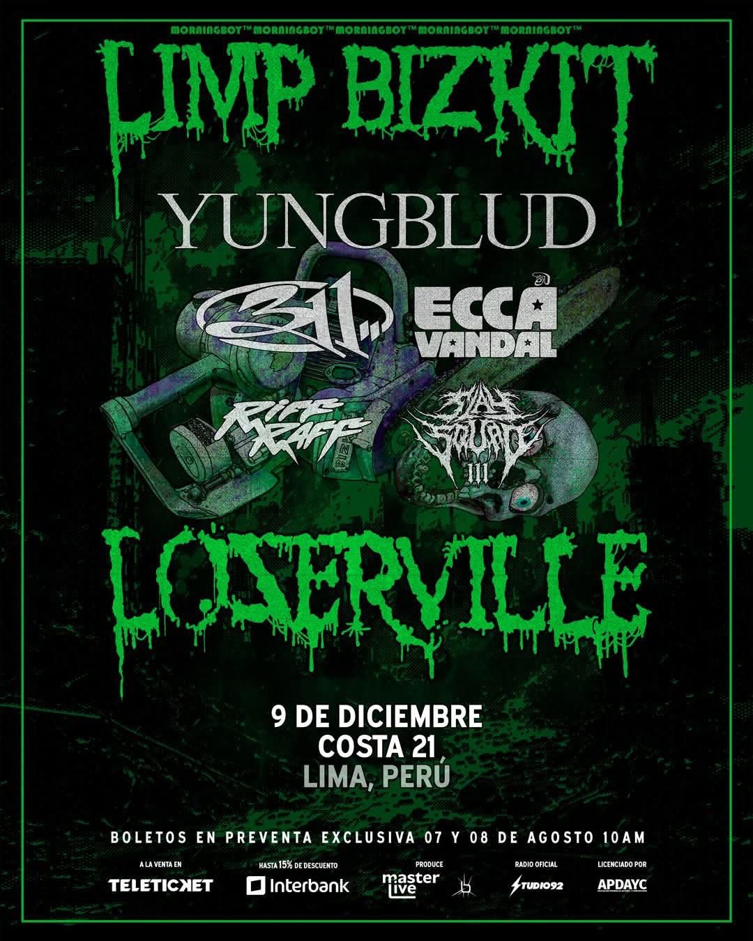 Cartel oficial del Loserville Tour con Limp Bizkit, que alimenta los rumores de un concierto en México.