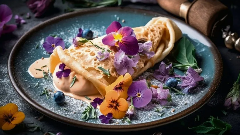 crepa de zarzamora con crema y flores