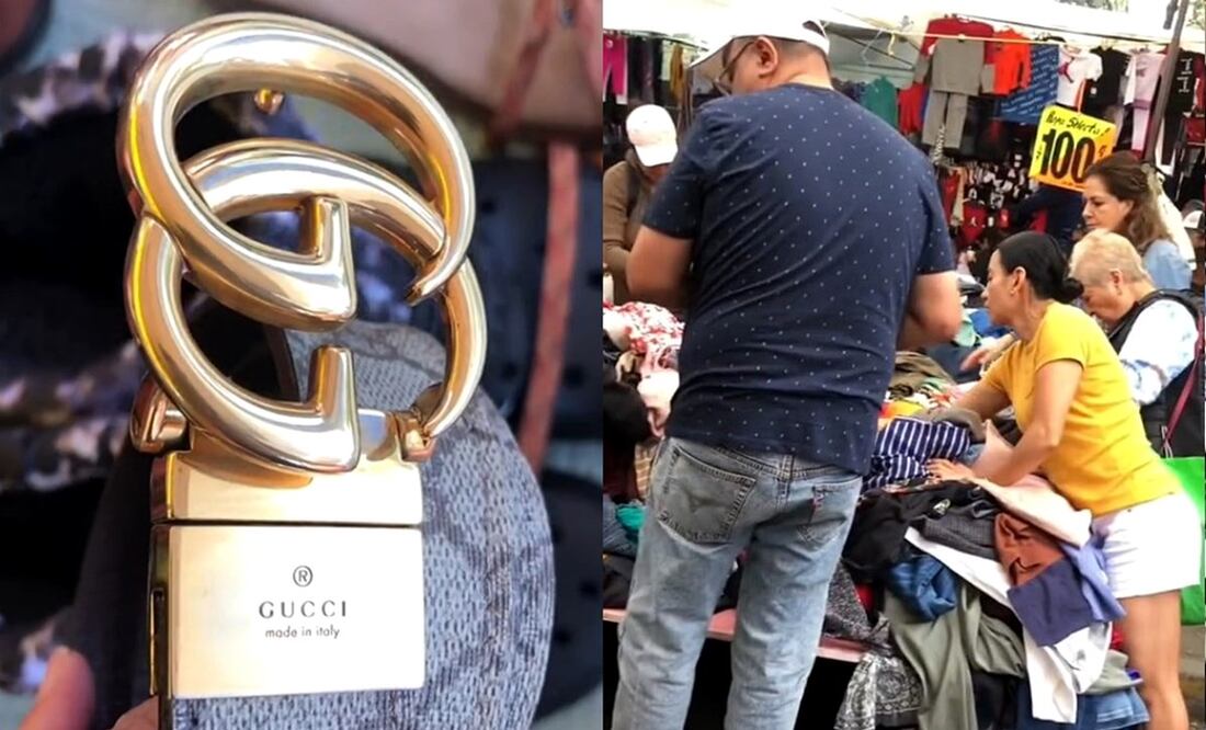 Un joven mostrando una prenda de marca encontrada en el tianguis de paca de lujo El Rosario.