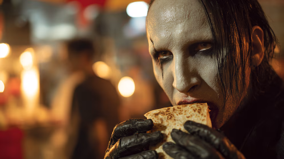 Un meme viral que muestra a Marilyn Manson en México comiendo antojitos en un puesto de la FENAPO.