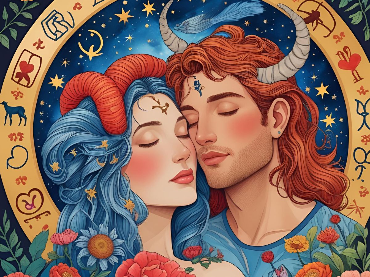 Pareja con símbolos del zodiaco Cáncer, representando la construcción de una relación duradera.