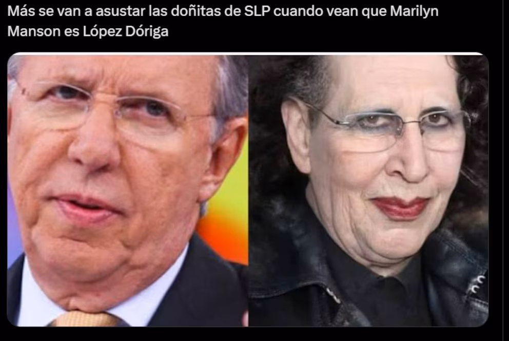 Meme que compara el rostro de Marilyn Manson con el del periodista Joaquín López-Dóriga durante su visita a México.