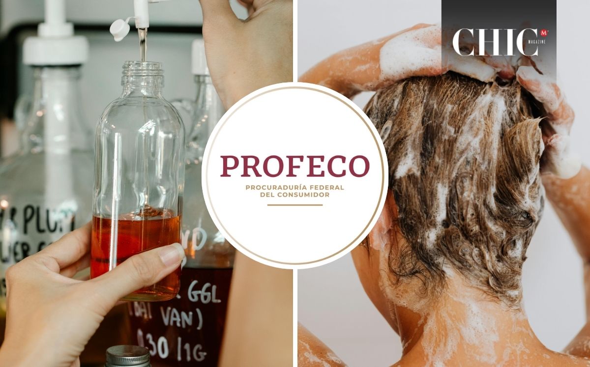 Varios botes de shampoo para cabello teñido siendo analizados en un laboratorio por Profeco.