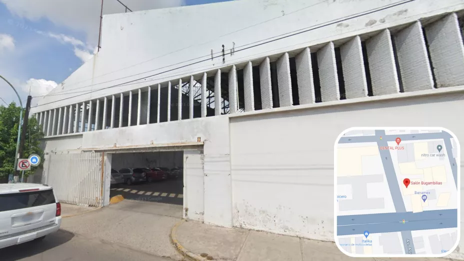 Aspecto actual del Salón Bugambilias, transformado en estacionamiento de un banco, con un aire nostálgico.