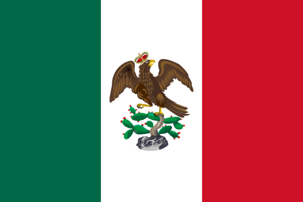 Bandera del Primer Imperio Mexicano de Agustín de Iturbide (1821-1823), la segunda bandera de México.