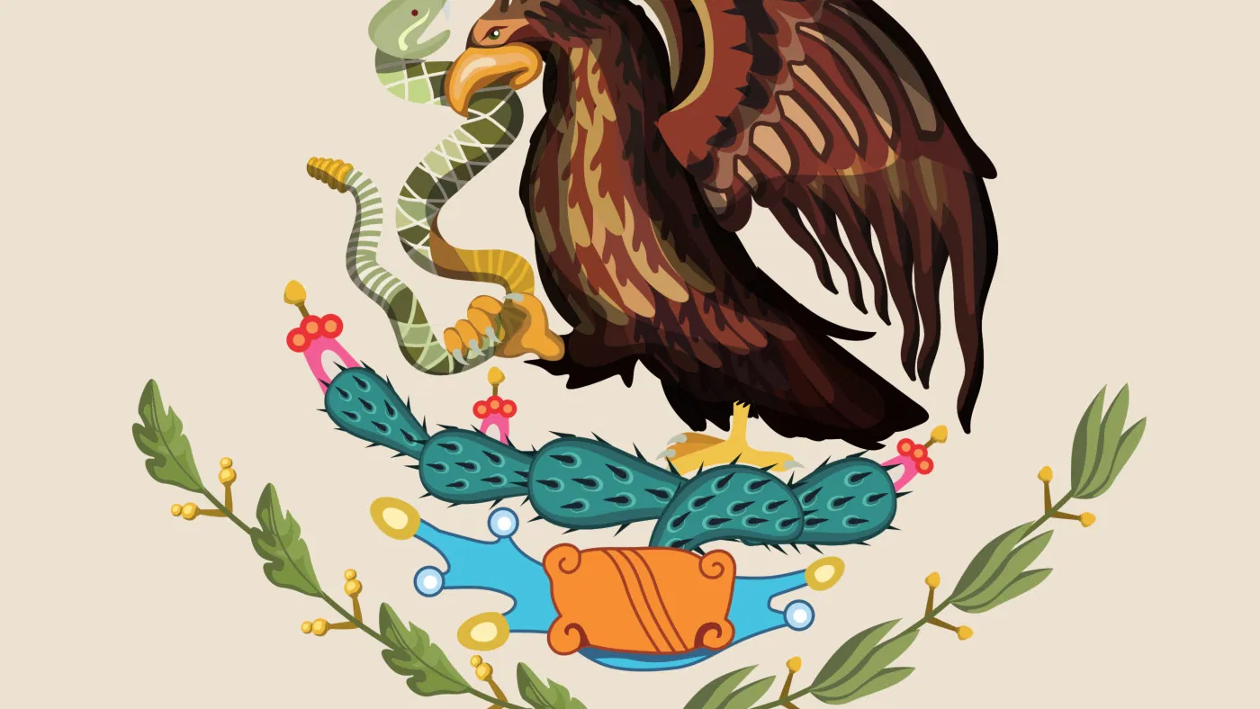 Detalle del escudo nacional en la cuarta bandera de México, con el águila real y la serpiente.