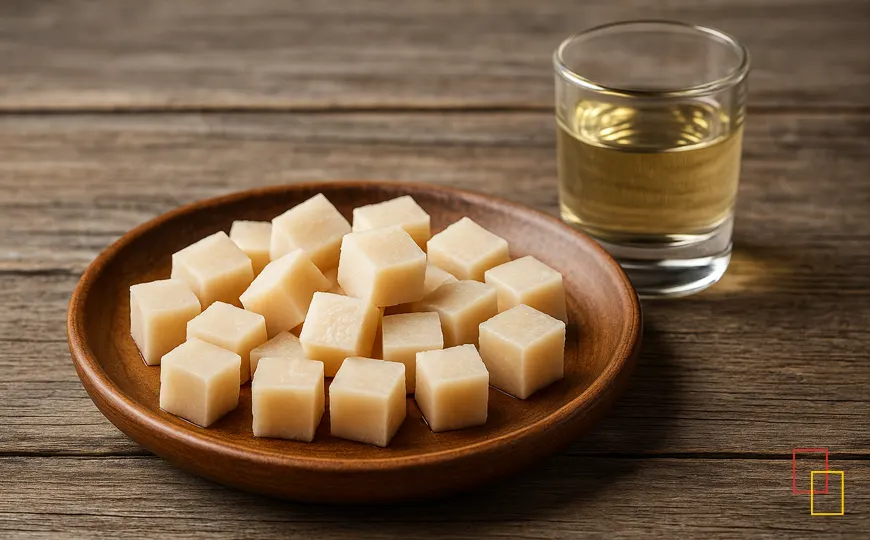 Hákarl islandés, un platillo exótico fermentado, servido en pequeños cubos.