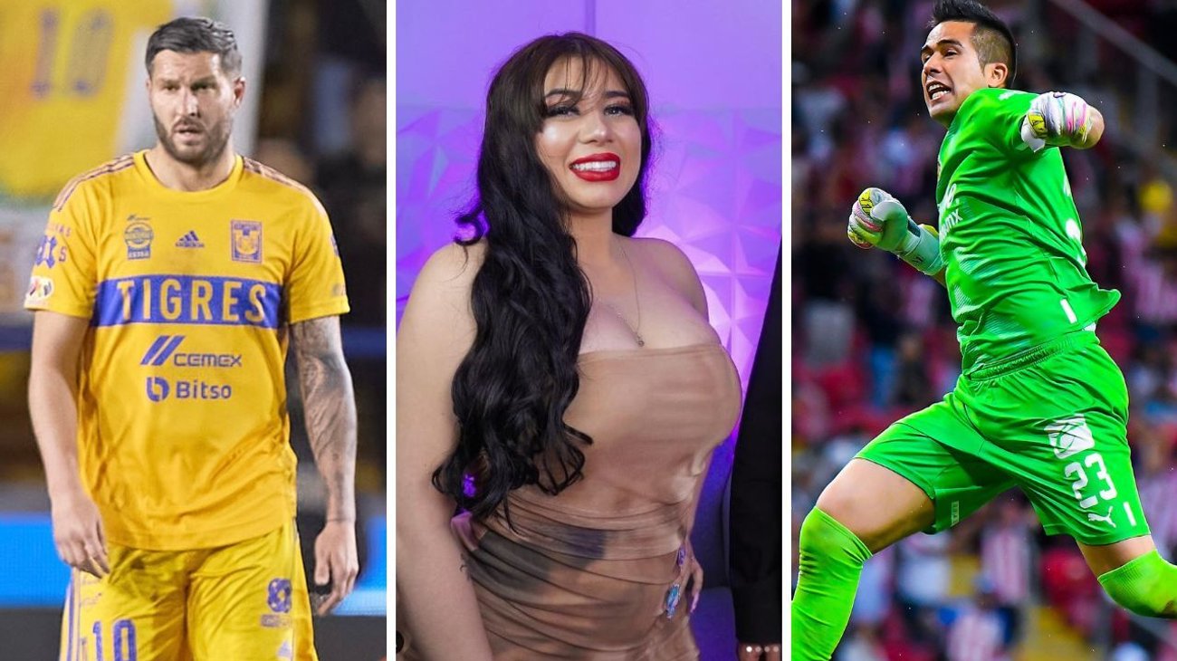 Montaje de Giselle Montes con logos de equipos de la Liga MX, representando la polémica con futbolistas.