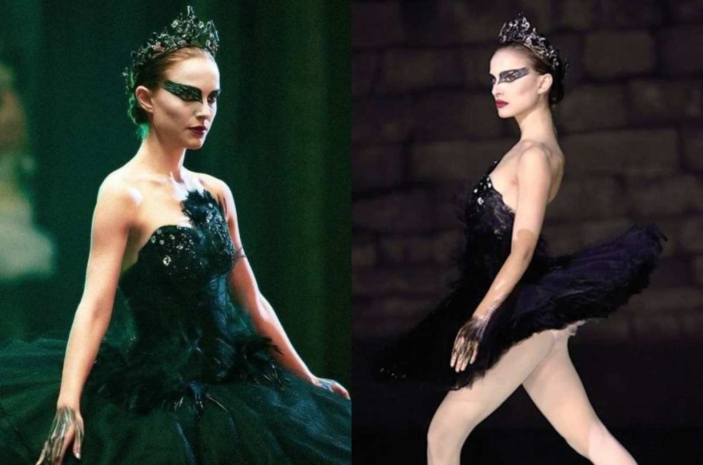 Mujer disfrazada del Cisne Negro con un vestido elegante y maquillaje dramático, una opción de disfraz de Halloween económico.