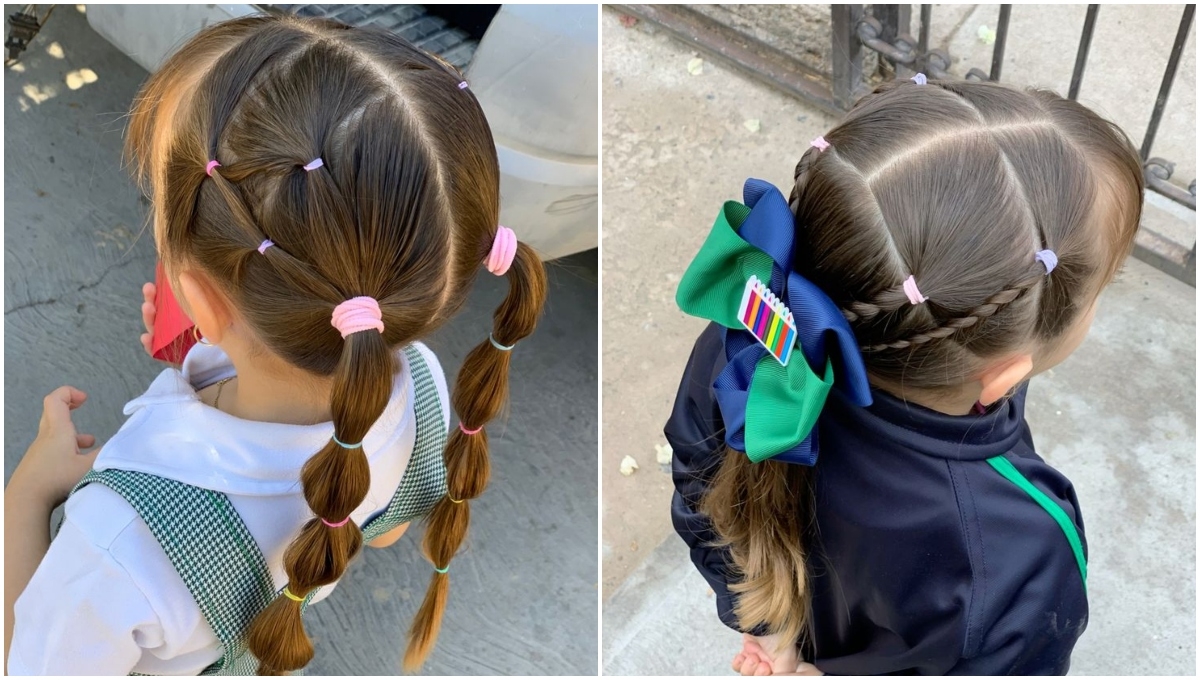 Niña con peinado de coleta creativa y moño grande, ideal para el regreso a clases.