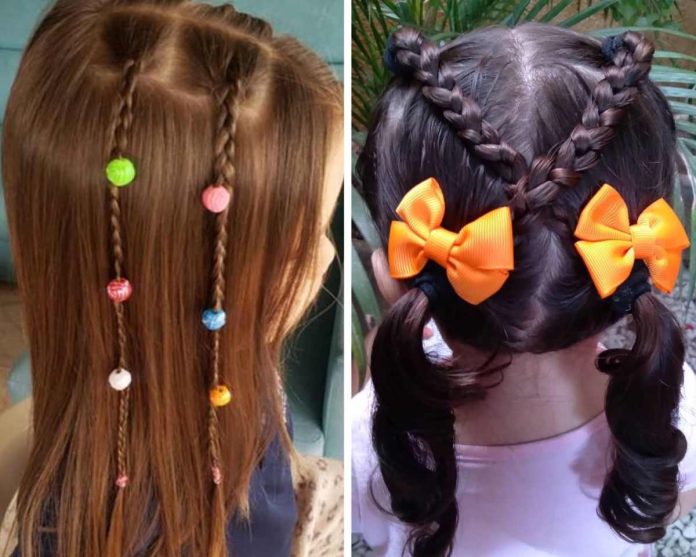 Niña con peinado de coletas cruzadas, una idea original para el regreso a clases.
