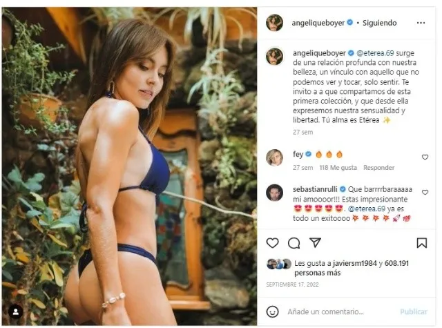 Publicación de Angelique Boyer en Instagram, anunciando su marca Etérea 69 y mostrando sus nuevos bikinis.