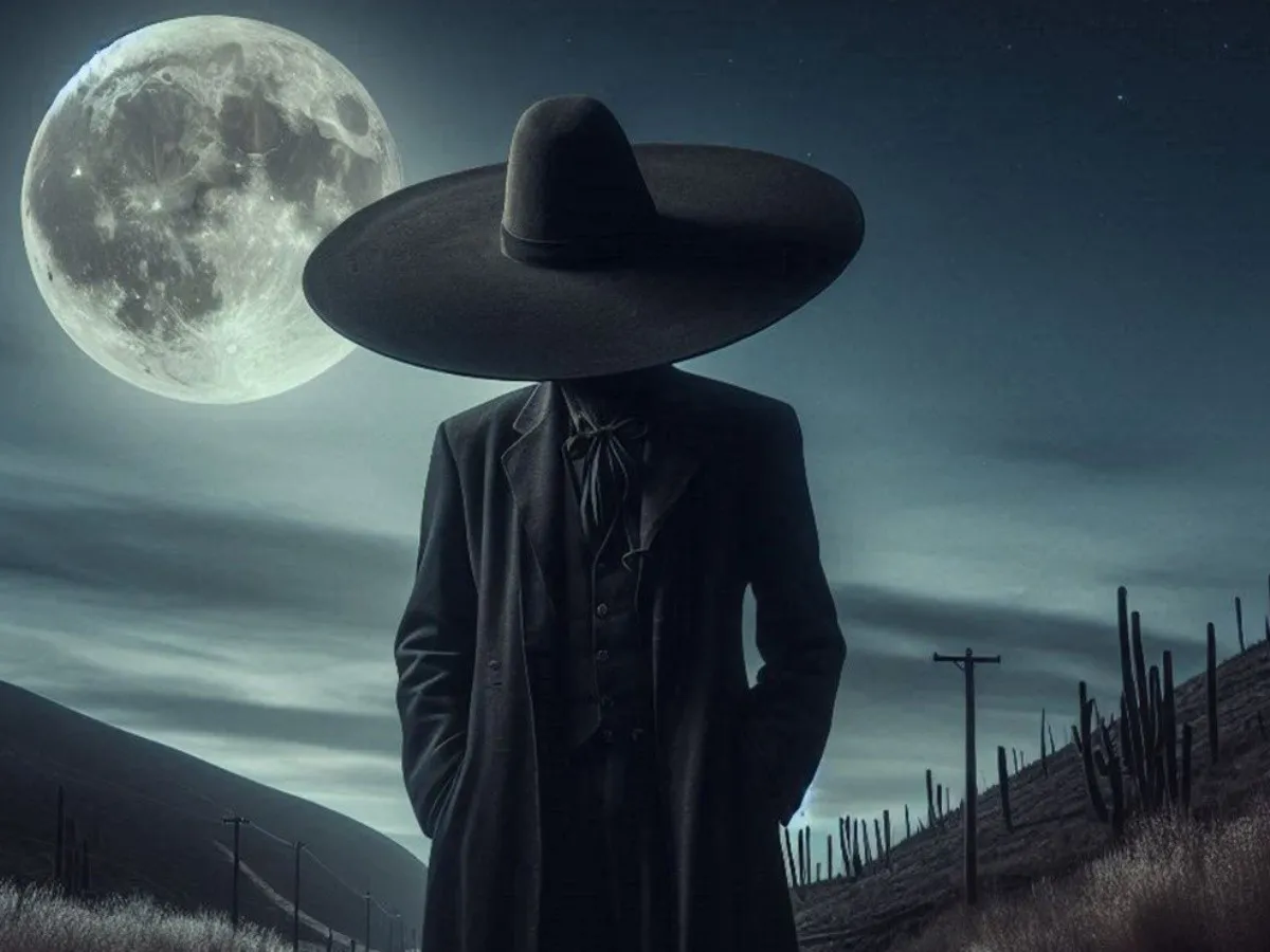 Un hombre con sombrero cantando, con una imagen de meditación superpuesta, representando los corridos metafísicos.