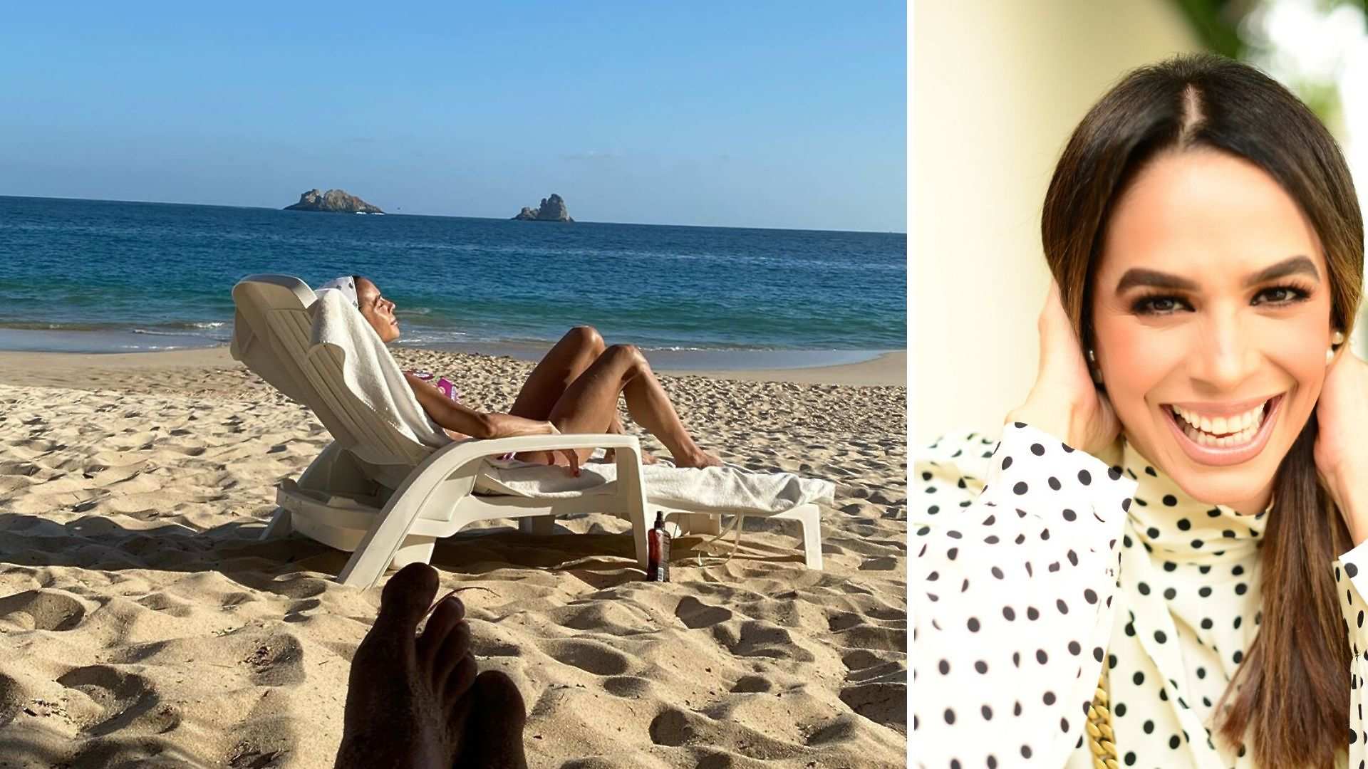 Biby Gaytán sonriendo en la playa, un ejemplo de su estilo relajado y chic.