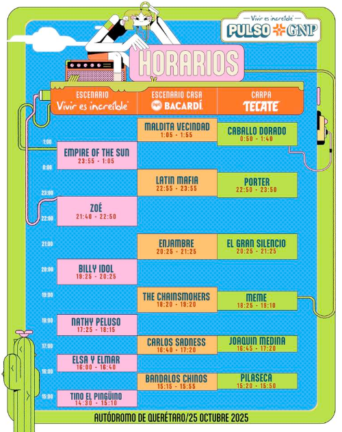 Horarios en los que se presentaran los artistas en el Pulso GNP 2025