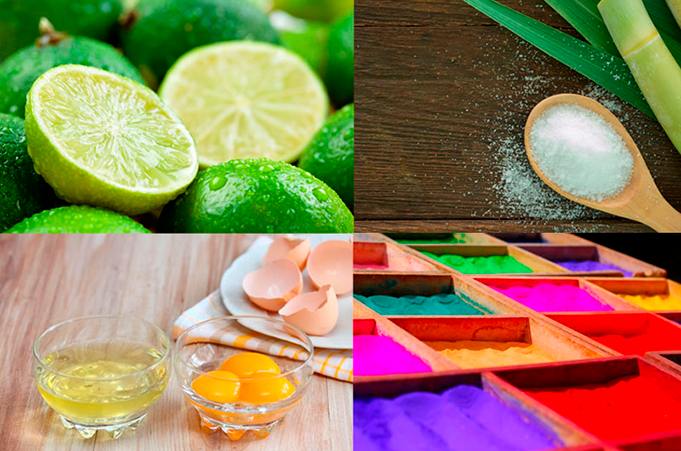 Ingredientes esenciales: azúcar, 1 clara de huevo, limón y colorantes
