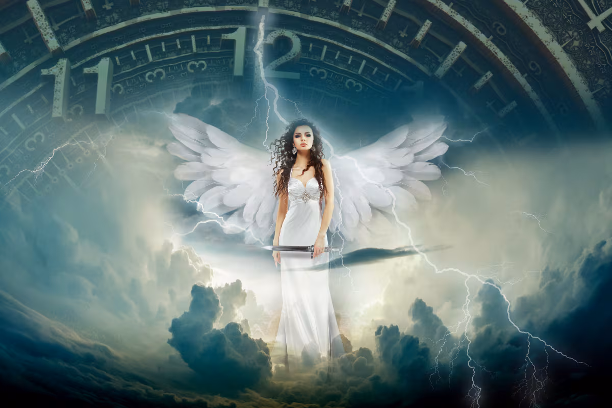 Figura de un ángel protegiendo, simbolizando los ángeles guardianes asociados al significado de la hora espejo 4-44.