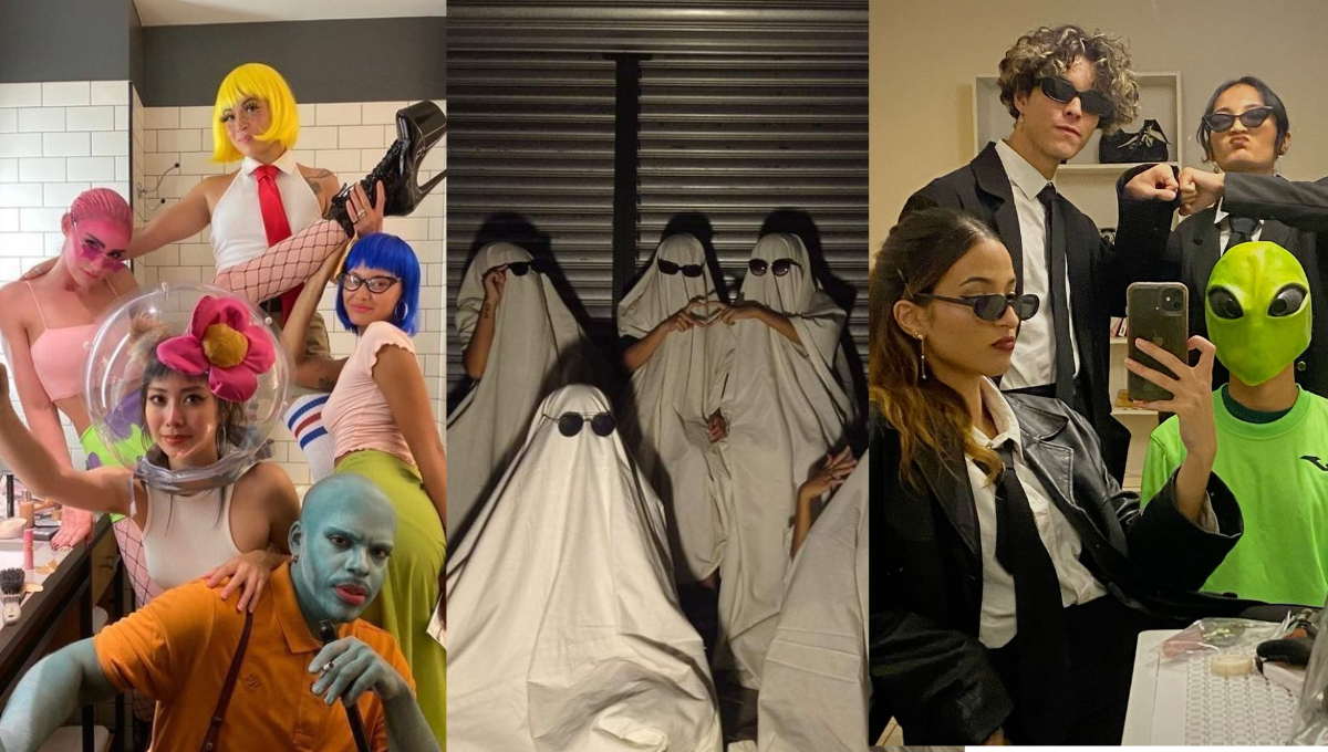Grupo de amigas con disfraces coordinados para Halloween 2025, demostrando creatividad.