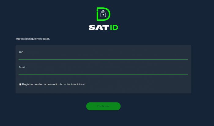 Interfaz de la aplicación SAT ID, utilizada para recuperar la contraseña sin e.firma.