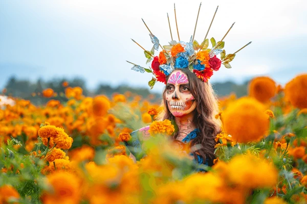 Mujer con maquillaje de Catrina y corona de flores de cempasúchil, ícono de las festividades de noviembre.