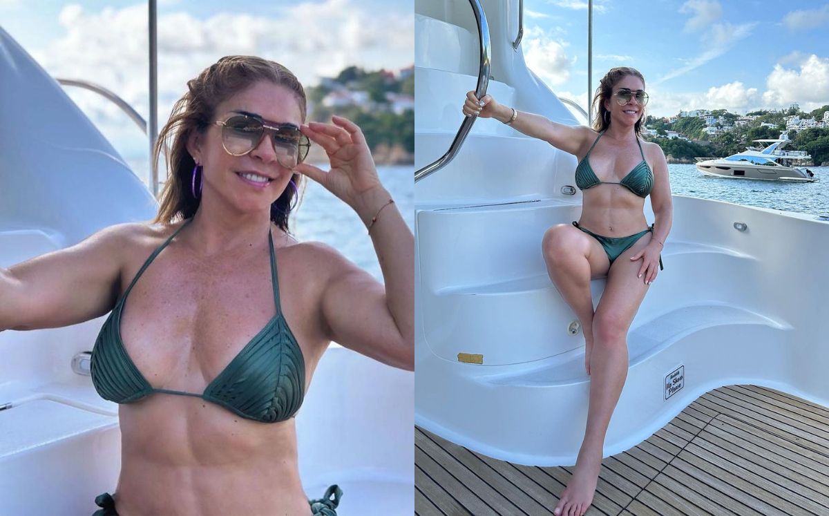 Rocío Sánchez Azuara luciendo un bikini verde de dos piezas en la playa, destacando su figura.