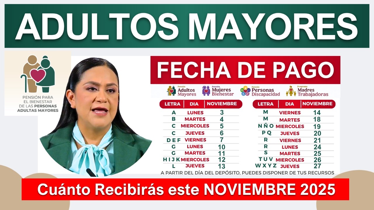 Calendario de pagos de la Pensión Bienestar de noviembre 2025, mostrando las fechas de depósito.