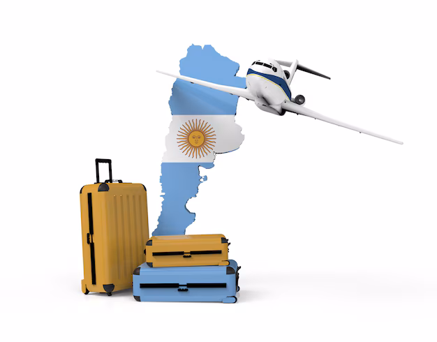 Mapa de Argentina con un icono de maleta y protección, simbolizando la importancia del seguro de viaje a Argentina.