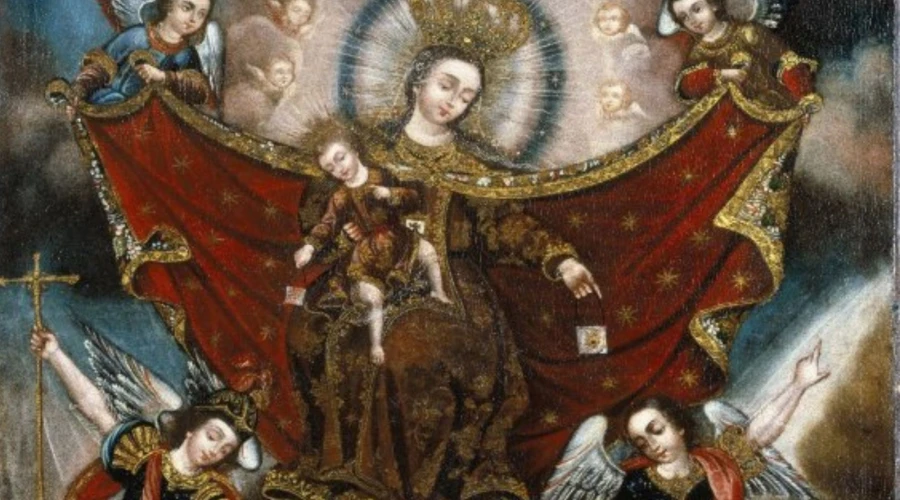 Representación de las ánimas del Purgatorio con la Virgen del Carmen, explicando el propósito del novenario.