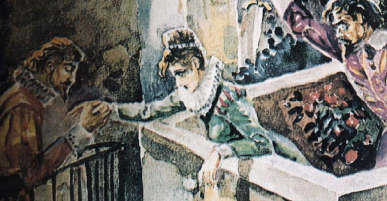 Ilustración de la mano de un padre con una daga, simbolizando el fatal desenlace de la leyenda del Callejón del Beso.