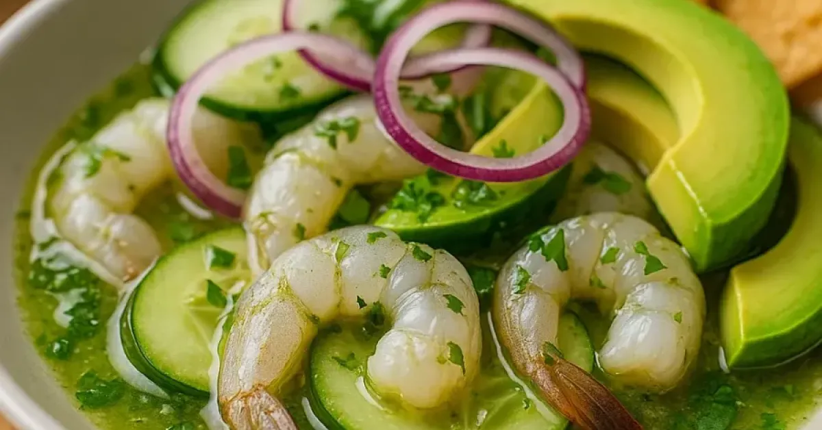 Ingredientes frescos para la receta de aguachile verde- camarones crudos, limones, chiles y cilantro.