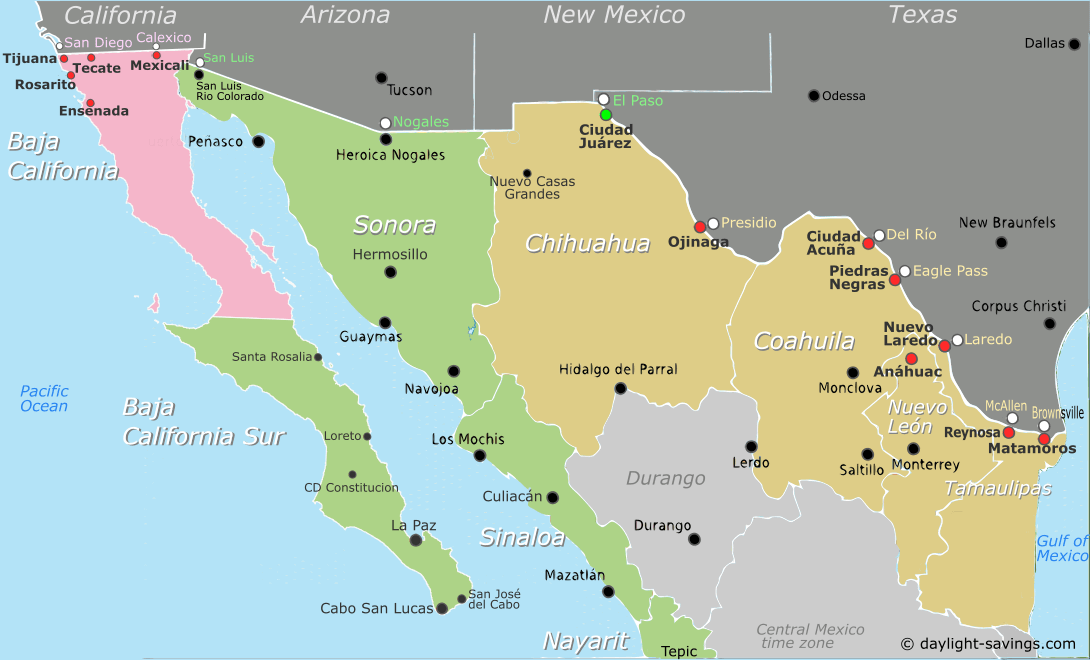 Mapa de México mostrando las diferentes zonas horarias y la distinción de la zona fronteriza, relevante para la diferencia horaria entre Ciudad de México y Tijuana.