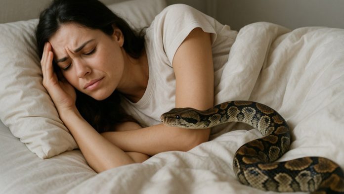 Mujer durmiendo mientras una serpiente se desliza cerca, representando el significado soñar con serpientes.