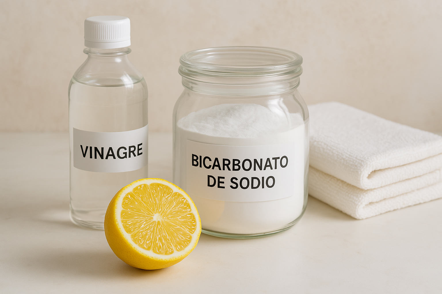 Recipientes con bicarbonato de sodio y vinagre blanco, junto a utensilios de limpieza, ilustrando el uso de bicarbonato y vinagre para limpiar.