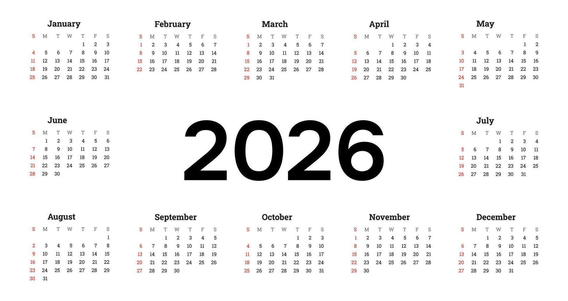 Un calendario con el formato americano, donde las semanas inician en domingo, para los números de la semana 2026.