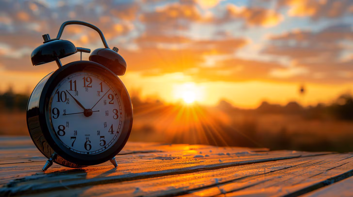 Un reloj marcando la hora al amanecer en México, simbolizando el impacto del horario de verano en la vida diaria.