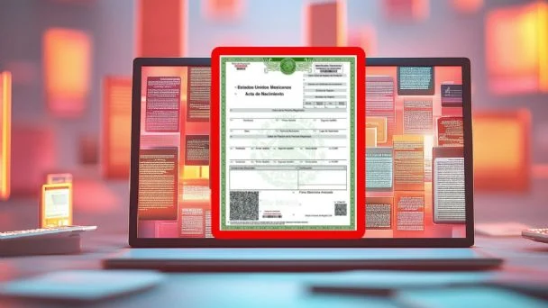 Una persona tramitando su acta de nacimiento en línea desde una laptop, mostrando el documento digital en la pantalla.