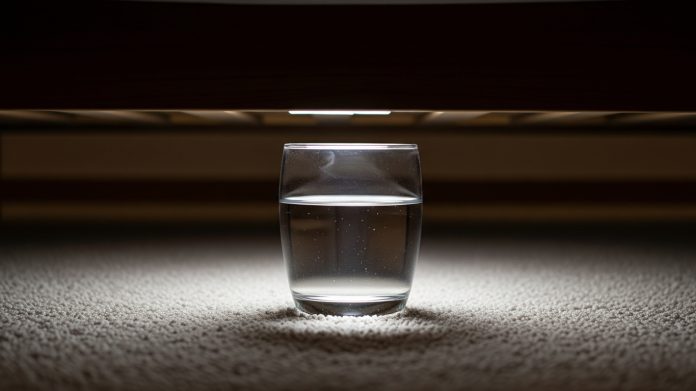 Vaso de agua transparente debajo de una cama, con luz tenue, simbolizando el ritual de limpieza energética.