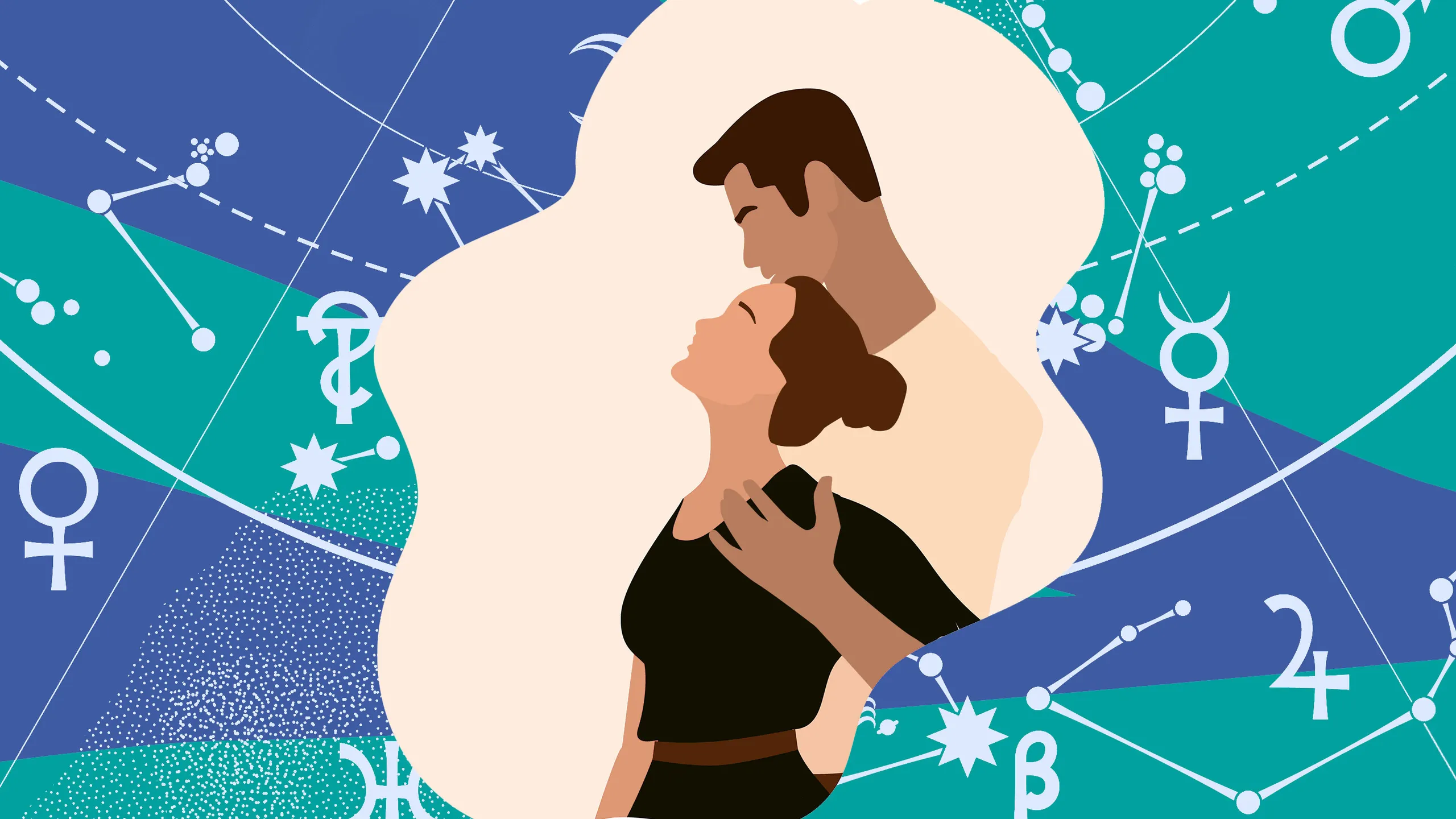 Collage mostrando parejas de diferentes signos que tienen una alta compatibilidad zodiacal en el amor.