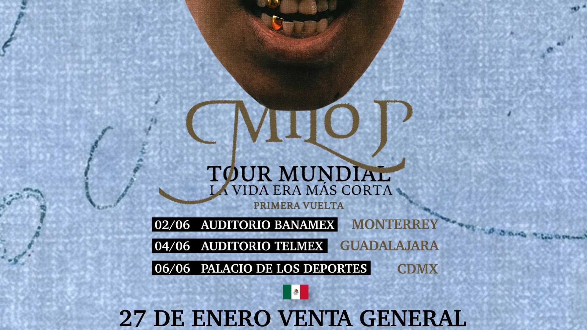 Logotipos de Monterrey, Guadalajara y Ciudad de México, las tres sedes de los conciertos de Milo J en México 2026.