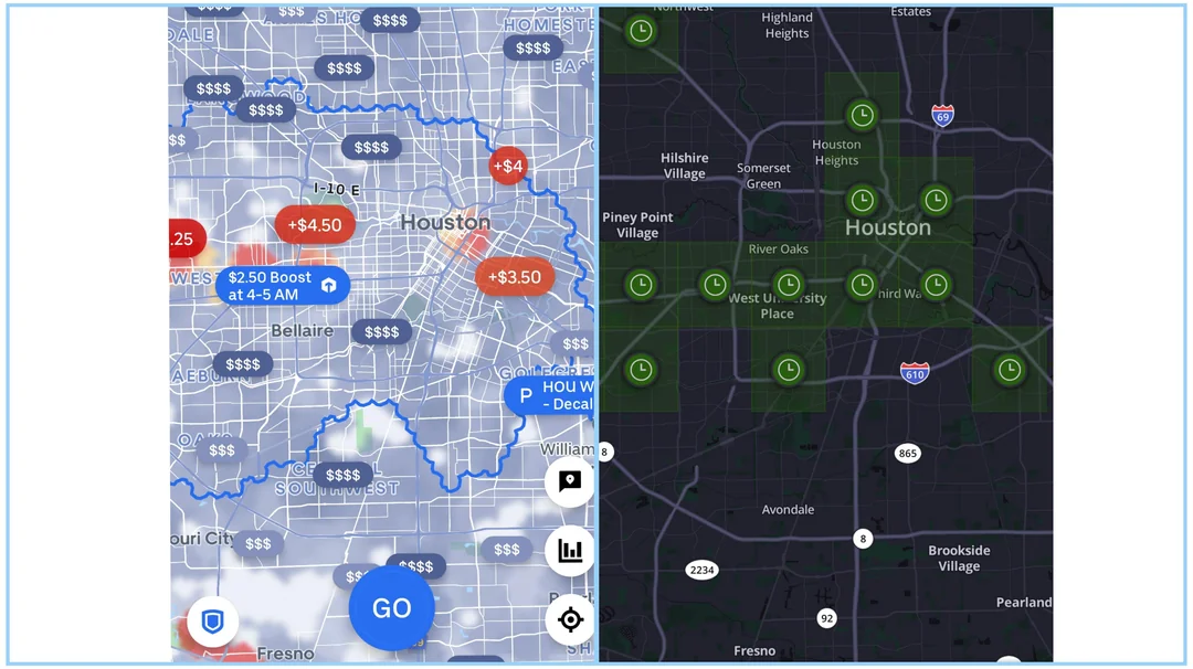 Mapa de calor de la aplicación de Uber mostrando zonas de alta demanda, clave para la rentabilidad Uber DiDi México.