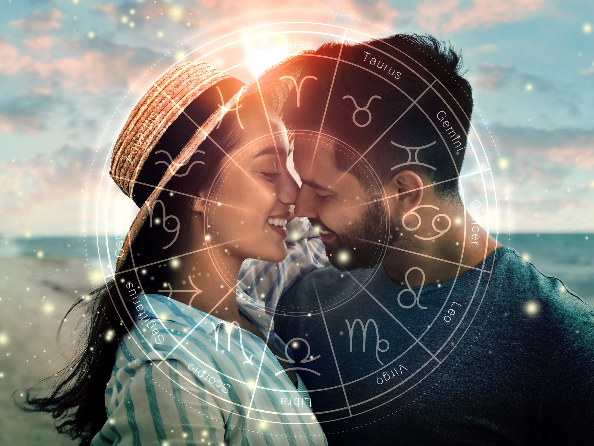 Superposición de dos cartas astrales, una herramienta para analizar la compatibilidad zodiacal en el amor.