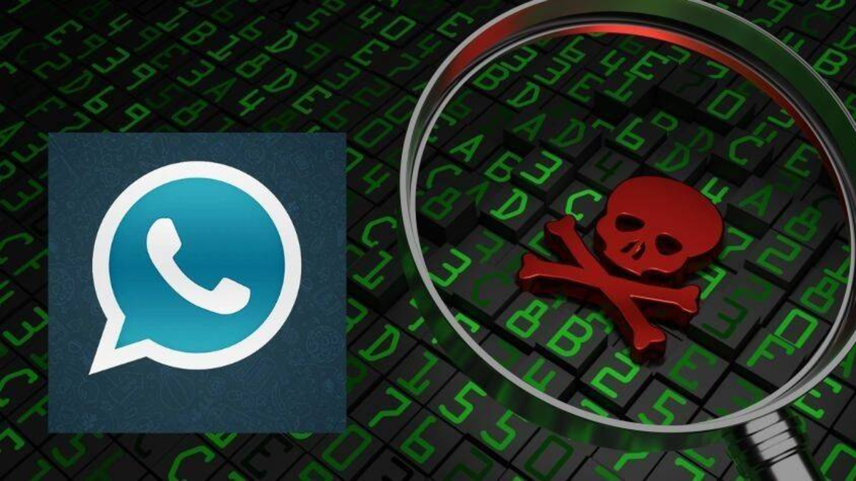 Teléfono móvil con el logo de WhatsApp Plus y una señal de advertencia, ilustrando los riesgos de WhatsApp Plus.