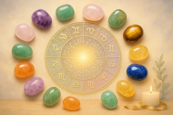 Un círculo con los doce signos del zodiaco y la piedra preciosa correspondiente a cada uno.