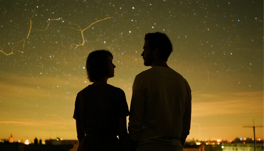 Una pareja observando las estrellas, simbolizando la búsqueda de la compatibilidad zodiacal en el amor.