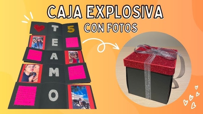 Caja explosiva abierta con fotos y mensajes, un regalo sorpresa para mi novio en el 14 de febrero.