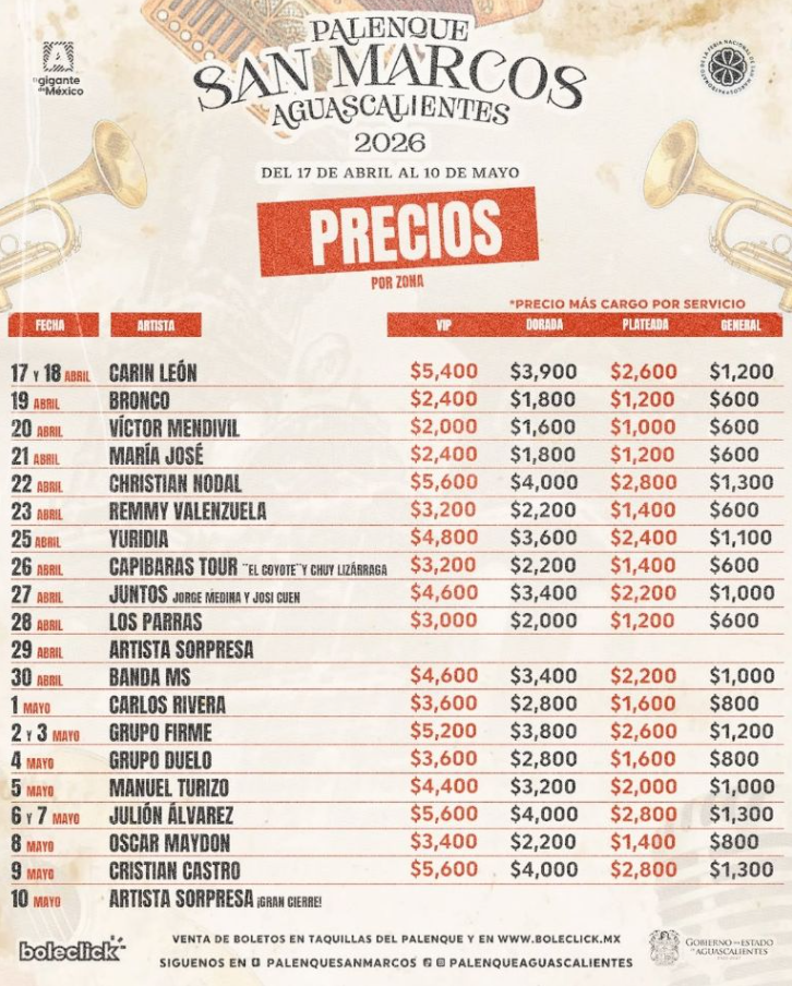 Precios del Palenque FNSM 2026