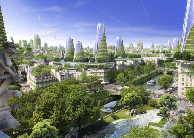 Iconos de innovación y tecnología sobre un fondo de la ciudad de París, representando su atractivo para inversores.