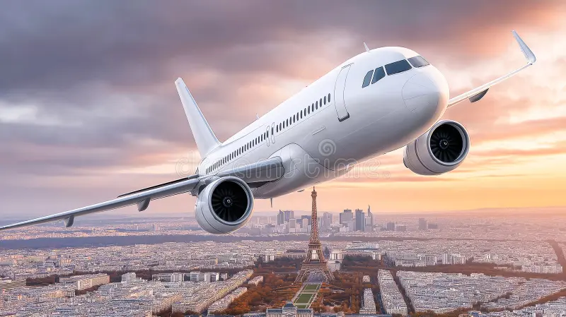 Un avión sobrevolando la Torre Eiffel, representando un vuelo redondo de México a París.