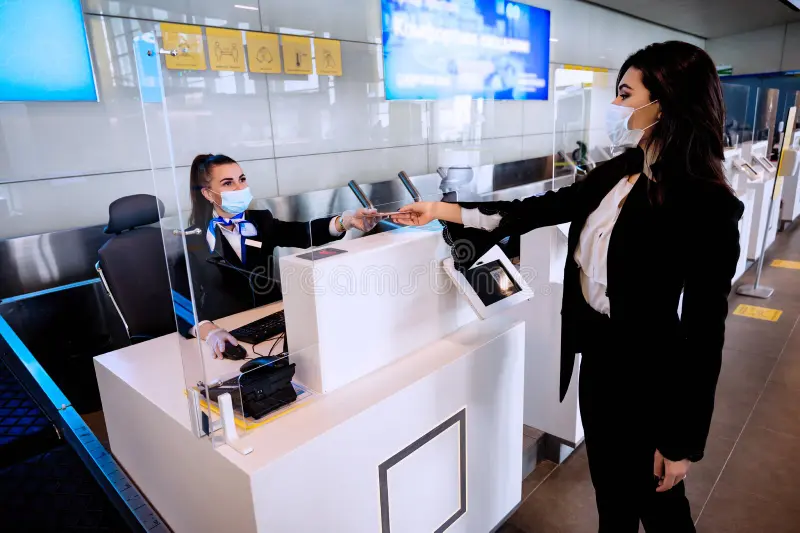 Una persona recibiendo su reembolso de impuestos en efectivo en un mostrador del aeropuerto.